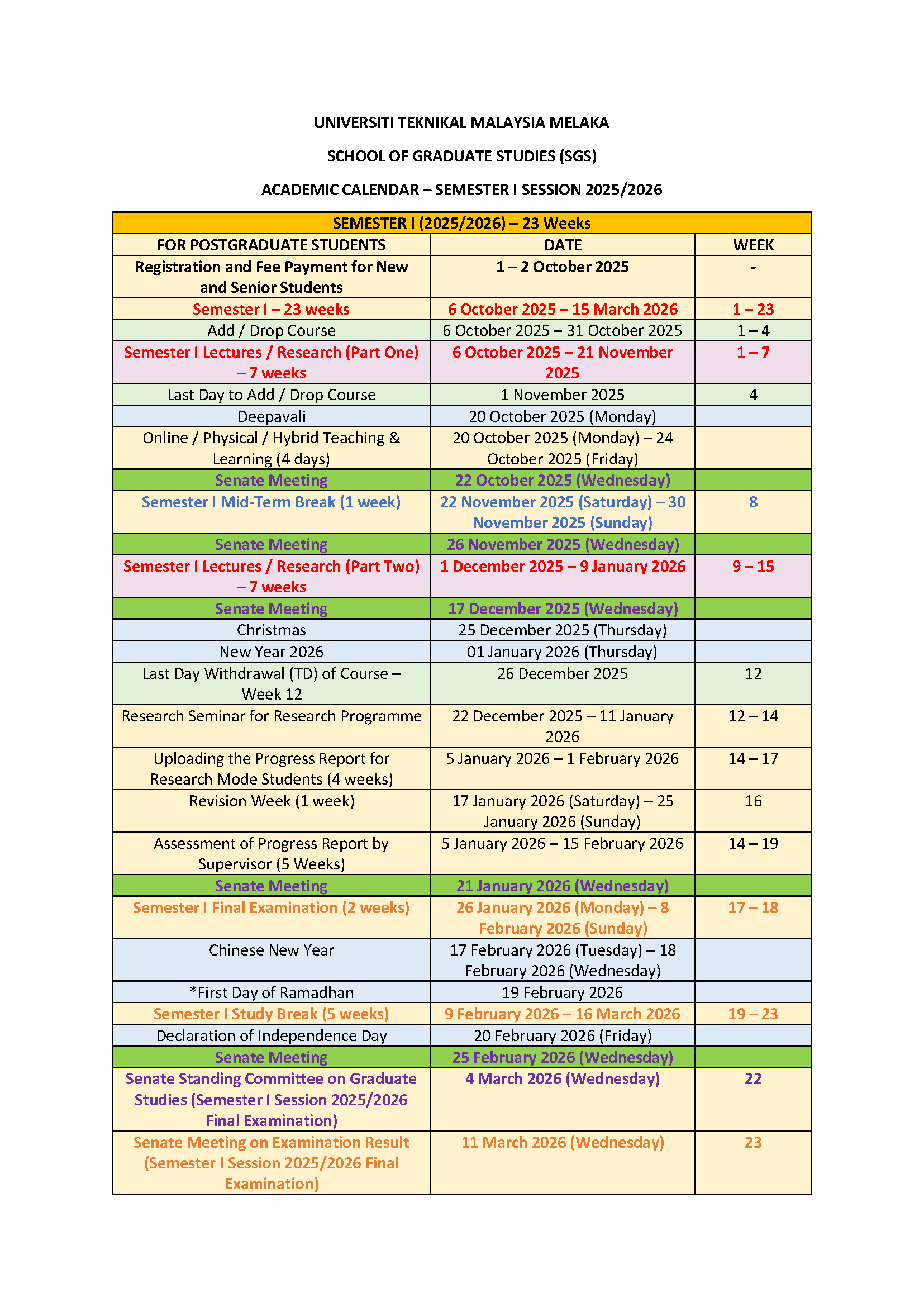 2025 2026 Academic Calender Postgraduate Studies Academic Session 2025 2026 Page 1