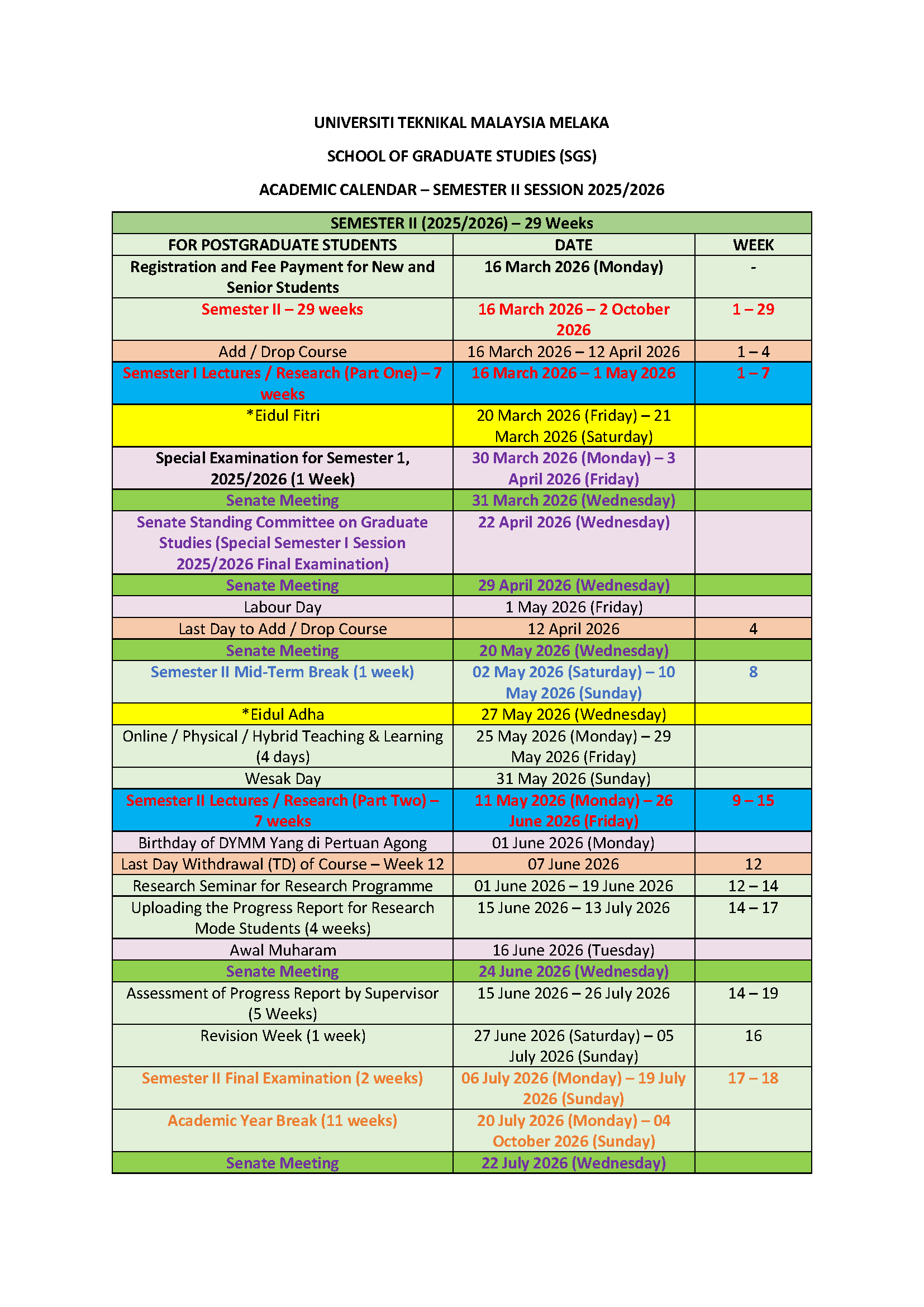 2025 2026 Academic Calender Postgraduate Studies Academic Session 2025 2026 Page 2
